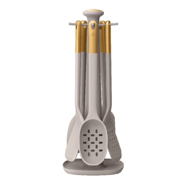 6-Piece Silicone Kitchen Utensil Tool Set with Rotating Rack by Drew Barrymore, Porcini Taupe