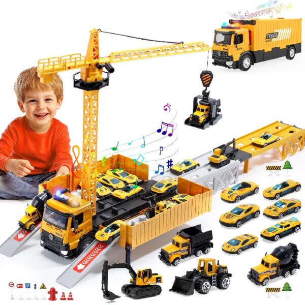 Kids Construction Trucks Toys, Alloy Car Vehicles Set with Light and Sound, Dump Truck, Excavator, Crane, Concrete Truck for 3-7 Years Old Boys Thanksgiving Christmas Birthday Gifts