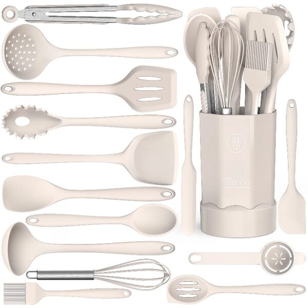 Black Silicone Cooking Utensils Set - 446°F Heat Resistant Kitchen Utensils,Turner Tongs,Spatula,Spoon,Brush,Whisk,Kitchen Utensil Gadgets Tools Set for Nonstick Cookware,Dishwasher Safe (BPA Free)