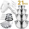 Electric Hand Mixer Mixing Bowls Set, Upgrade 5-Speeds Mixers with Silver Nesting Stainless Steel Mixing Bowl, Measuring Cups and Spoons Whisk Blender - Baking Supplies for Cooking