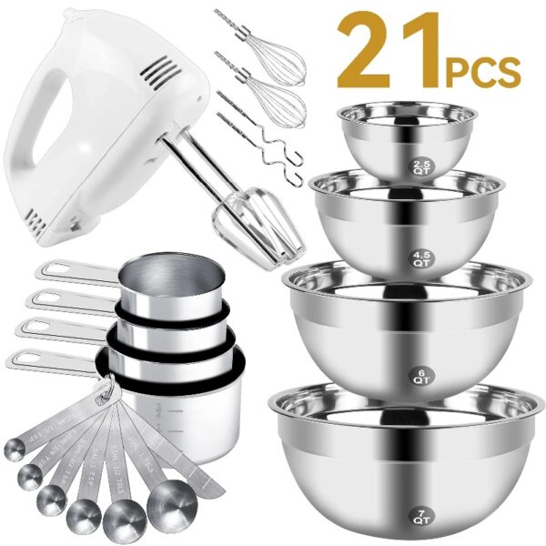Electric Hand Mixer Mixing Bowls Set, Upgrade 5-Speeds Mixers with Silver Nesting Stainless Steel Mixing Bowl, Measuring Cups and Spoons Whisk Blender - Baking Supplies for Cooking