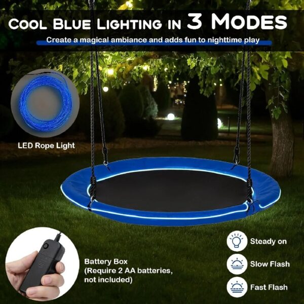 40” Tree Swing with LED Lights for Kids Adults, Indoor Outdoor Flying Saucer Swing with Adjustable Multi-Strand Hanging Ropes for Tree, Backyard, Playground ,Colorful