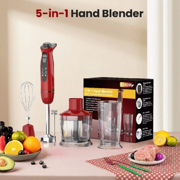 Immersion Hand Blender,5-in-1 1100W Multi-Function Handheld Stick Blender with 24-Speed, Stainless Steel Blades, Chopper, Beaker, 600ml, New Mixer Milk Frother for Baby Food/Smoothies/Puree