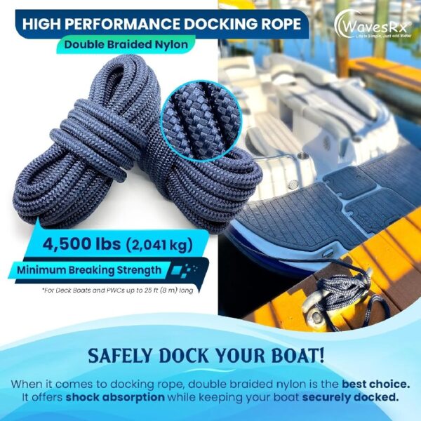 3/8'' x 15' Premium Dock Lines for Boats & PWCs (2PK) | Hi-Performance Mooring Rope Made From Marine-Grade Double Braided Nylon to Resist Sun and Saltwater | 12” Spliced Eyelet + Storage Bag