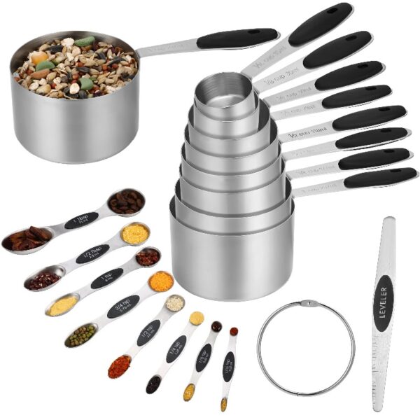 17 Pieces Measuring Cups and Magnetic Measuring Spoons Set Stainless Steel, 8 Measure Cups with Silicone Handle and 8 Double Sided Magnetic Measure Spoons & 1 Leveler