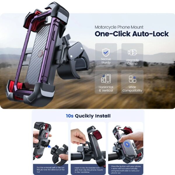 (2 pack) Motorcycle Phone Mount Bike Phone Holder, Auto Lock Adjustable Handlebar Phone Holder Mount for 4.7