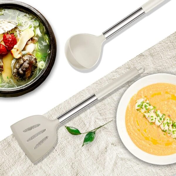 Silicone Cooking Utensils Set - Heat Resistant Stainless Steel Kitchen Utensils, Baking Tools Kitchen Gadgets,Turner, Tongs,Spatula,Spoon,Brush,Whisk,Non-Stick, Dishwasher Safe,BPA FREE (Khaki)