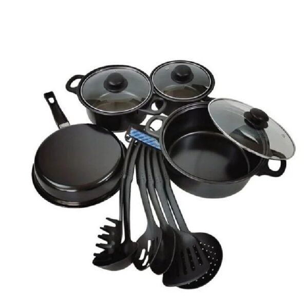 Non-Stick Cookware Set, Small Portable Cast Iron Pots and Pans with Glass Lids and Nylon Utensils for Outdoor Cooking - 13 Piece Set, Black