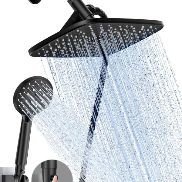 12 Inch Coverage High Pressure Rain Shower Head Combo with Adjustable Extension Arm, Wide Rainfall & 5 Modes Handheld Showerhead, Dual Anti-Clog Nozzles for Ultimate Experience, Silver Chrome