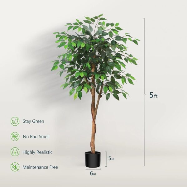 DR.Planzen 5 feet Artificial Ficus Tree, Tall Lifelike Greenery with Natural Wood Trunk for Living Room, office floor and corner decor