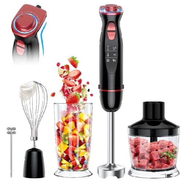 Immersion Hand Blender,5-in-1 1100W Multi-Function Handheld Stick Blender with 24-Speed, Stainless Steel Blades, Chopper, Beaker, 600ml, New Mixer Milk Frother for Baby Food/Smoothies/Puree