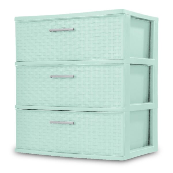 Storage Drawer, 3 Drawer Plastic Weave Wide Tower with Pull Handles, Brown