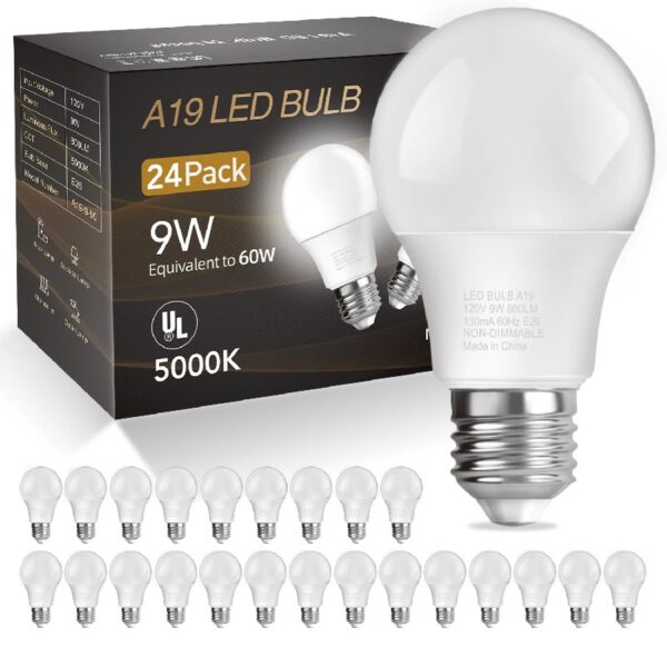 A19 LED Light Bulbs, 60W Equivalent,5000K Daylight, 9W 800 Lumens,E26 Standard Base,UL Listed,Lighting for Bedroom Living Room Home Office,24 Pack