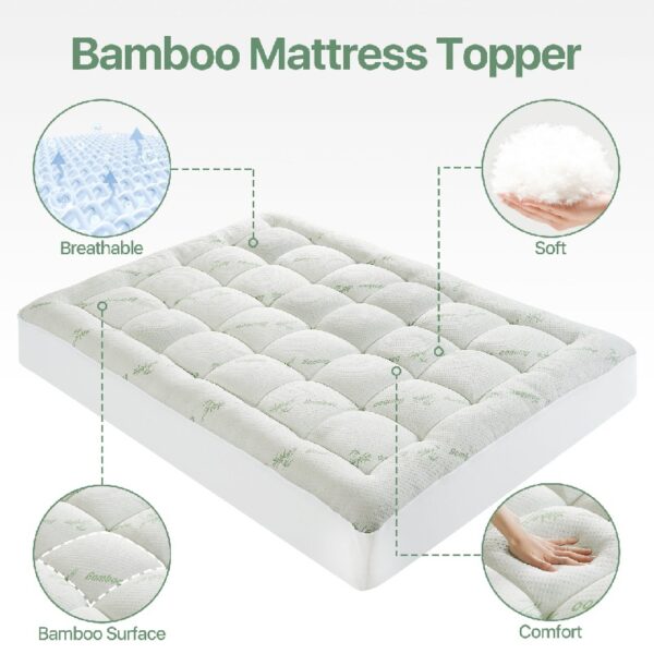 Bamboo Queen Size Quilted Pillowtop Mattress Topper Pad Cover with Deep Pocket Fitted Up to 8