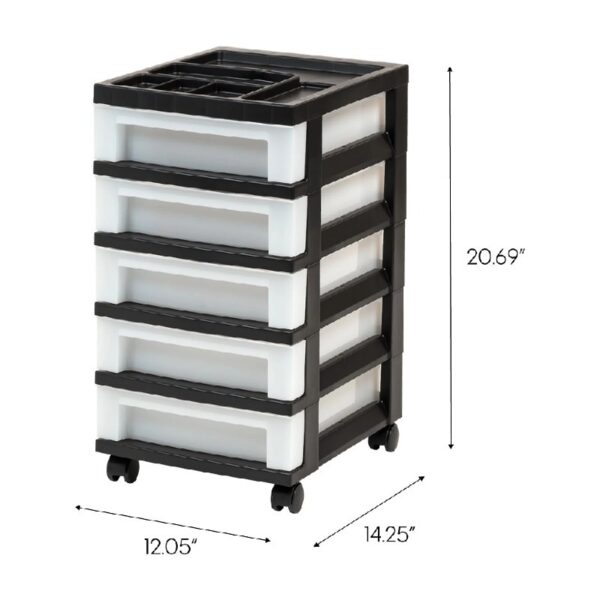 5-Drawer Narrow Plastic Storage Drawer Cart with Organizer Top, Black