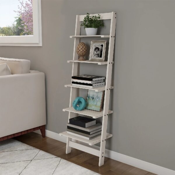 5-Tier Slatted Wood Leaning Ladder Shelf for Narrow Storage, Wooden Bookcase for Living Room, Bathroom, Kitchen, Office or Bedroom, Black Finish