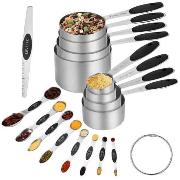 17 Pieces Measuring Cups and Magnetic Measuring Spoons Set Stainless Steel, 8 Measure Cups with Silicone Handle and 8 Double Sided Magnetic Measure Spoons & 1 Leveler