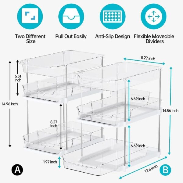 3 Tier Pull-Out Under Sink Organizer Storage, Bathroom Stackable Pantry Counter Sliding Cabinet Organization and Storage, 2 Sets
