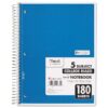 3Pc Mead Spiral Notebook 5 Subject, Medium/College Rule, Randomly Assorted Covers, 10.5 x 8, 180 Sheets
