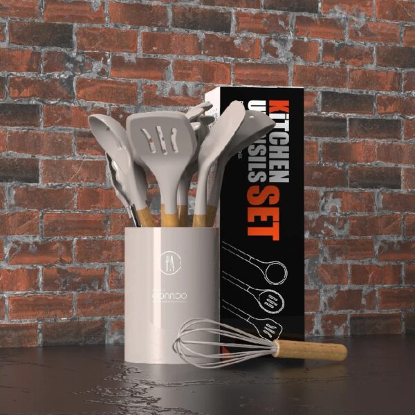 oannao Silicone Cooking Utensils Set - 446°F Heat Resistant Silicone Kitchen Utensils for Cooking,Kitchen Utensil Spatula Set w Wooden Handles,Holder, BPA FREE Gadgets for Non-Stick Cookware (Khaki)