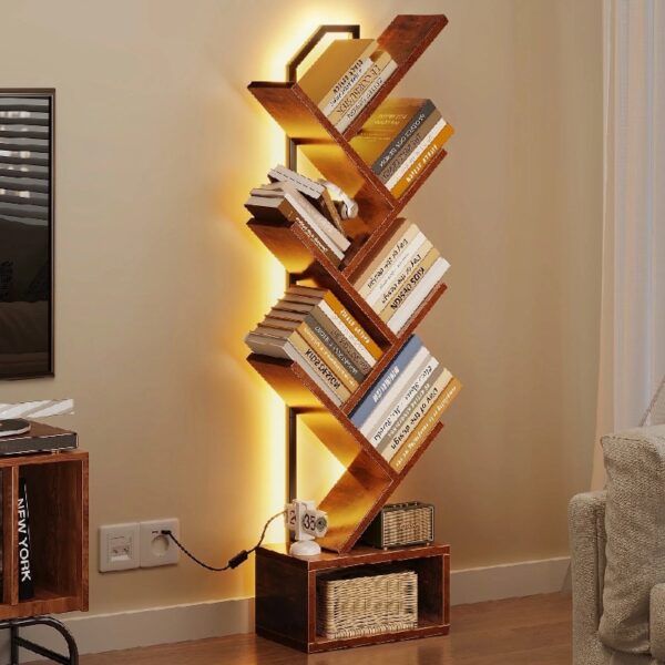 6 Tier Tree Bookshelf, Bookcase with LED Lights, Display Floor Standing Storage Shelf, Book Organizer Shelves for Home Office, Living Room, Vintage