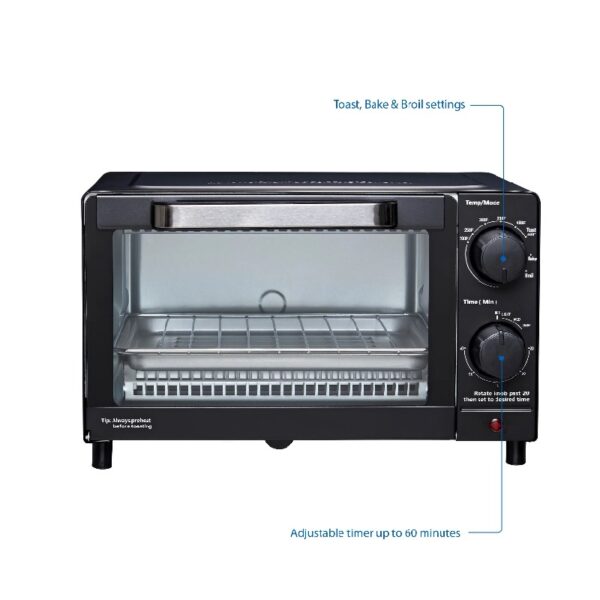 4 Slice Countertop Toaster Oven with 3 Settings, includes Baking Rack and Pan, Black, New