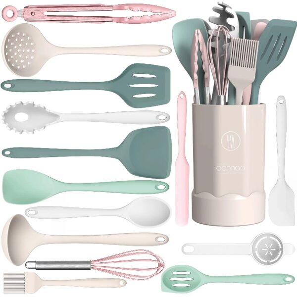 Black Silicone Cooking Utensils Set - 446°F Heat Resistant Kitchen Utensils,Turner Tongs,Spatula,Spoon,Brush,Whisk,Kitchen Utensil Gadgets Tools Set for Nonstick Cookware,Dishwasher Safe (BPA Free)
