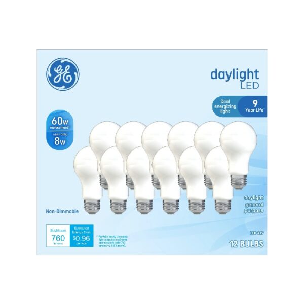 GE LED Light Bulbs, 60 Watt, Daylight, A19 Bulbs, Medium Base, Frosted Finish, 9yr, 12pk
