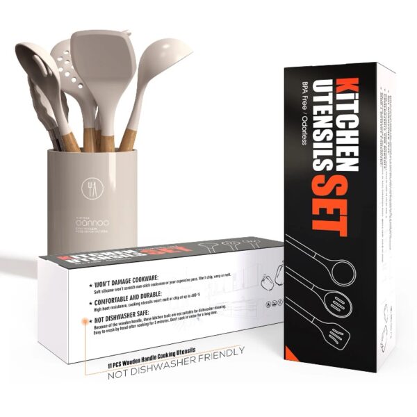 oannao Silicone Cooking Utensils Set - 446°F Heat Resistant Silicone Kitchen Utensils for Cooking,Kitchen Utensil Spatula Set w Wooden Handles,Holder, BPA FREE Gadgets for Non-Stick Cookware (Khaki)