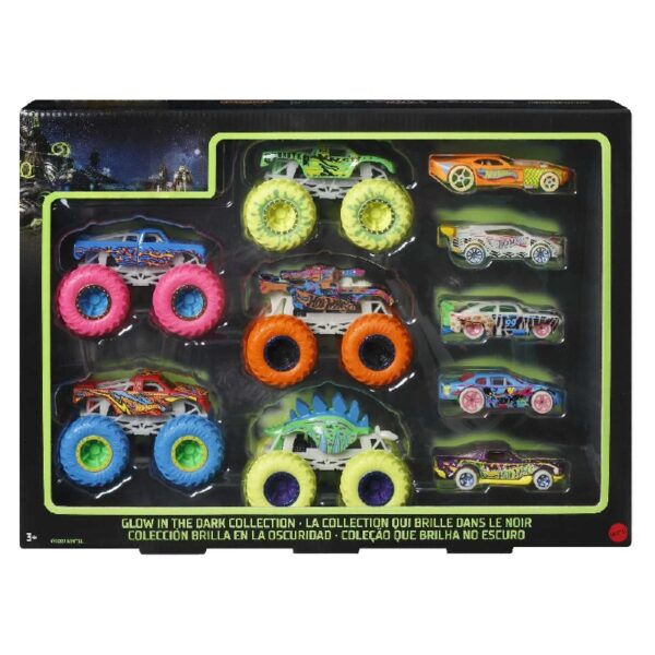 Monster Trucks Glow In The Dark Multipack, 10 Toy 1:64 Vehicles: 5 Trucks & 5 Cars