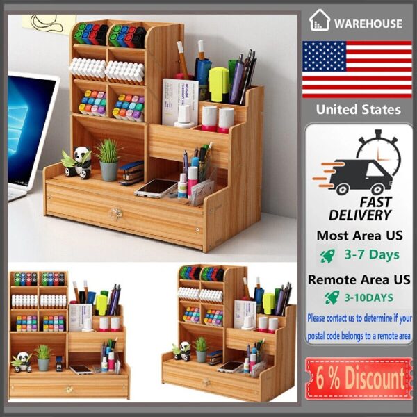 Wooden Pen Pencil Storage Holder Organizer Office Study Desk Tidy Caserack Shelf