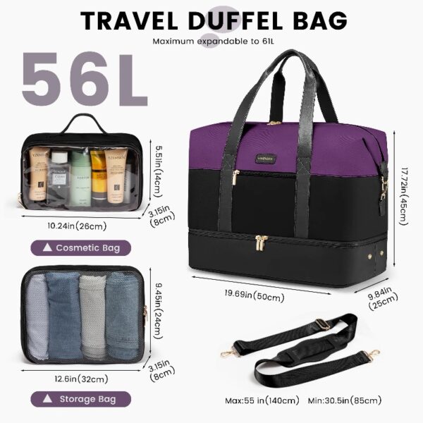 Travel Duffel Bag for Women, Large Weekender Overnight Bag, Carry-on Gym Bag with Separate Shoes Compartment, Mom Hospital Bags for Labor and Delivery with 2 Packing Cubes