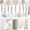 Silicone Cooking Utensils Set - Heat Resistant Stainless Steel Kitchen Utensils, Baking Tools Kitchen Gadgets,Turner, Tongs,Spatula,Spoon,Brush,Whisk,Non-Stick, Dishwasher Safe,BPA FREE (Khaki)