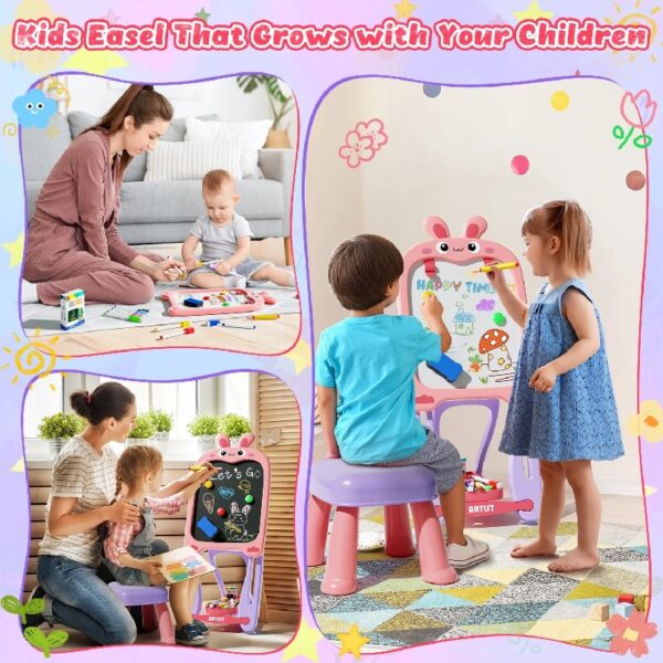 WonderStone 4-in-1 Kids Table and Chairs Adjustable Easel Toy for Ages 2-4, Flippable Sided Magnetic Drawing Board with Storage, Gift for Toddlers