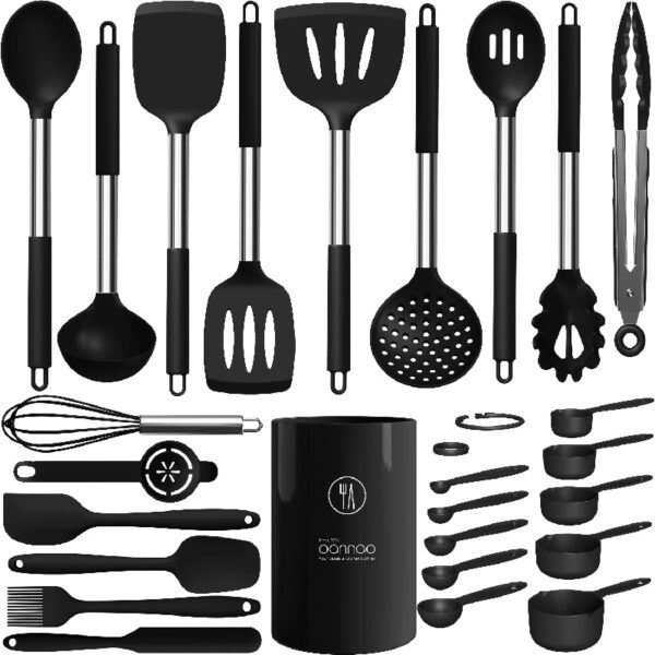 Silicone Cooking Utensils Set - Heat Resistant Stainless Steel Kitchen Utensils, Baking Tools Kitchen Gadgets,Turner, Tongs,Spatula,Spoon,Brush,Whisk,Non-Stick, Dishwasher Safe,BPA FREE (Khaki)