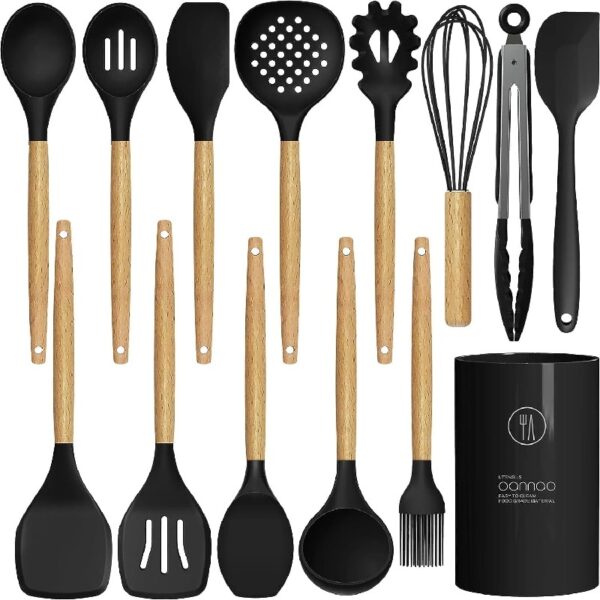 oannao Silicone Cooking Utensils Set - 446°F Heat Resistant Silicone Kitchen Utensils for Cooking,Kitchen Utensil Spatula Set w Wooden Handles,Holder, BPA FREE Gadgets for Non-Stick Cookware (Khaki)
