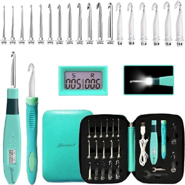 Yarniss Crochet Hooks Set with Digital Counter, 17 Sizes Light Up Crochet Hooks 2.5mm-14.0mm