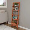 5-Tier Slatted Wood Leaning Ladder Shelf for Narrow Storage, Wooden Bookcase for Living Room, Bathroom, Kitchen, Office or Bedroom, Black Finish