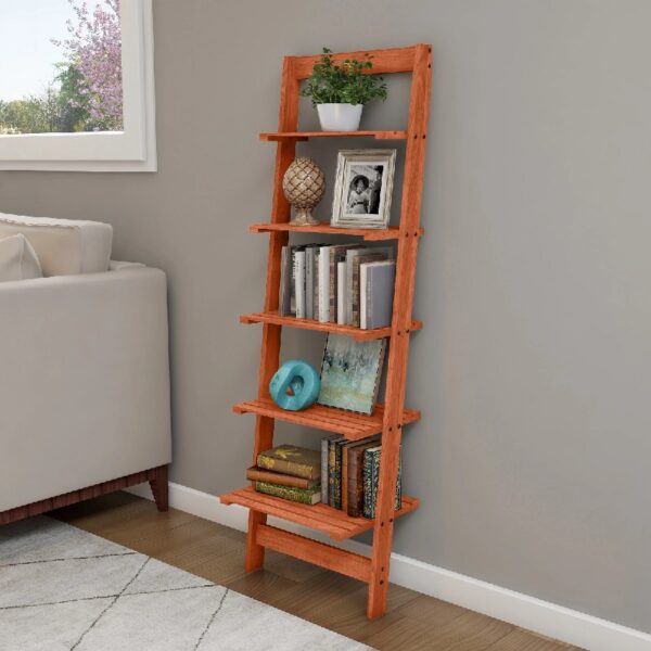 5-Tier Slatted Wood Leaning Ladder Shelf for Narrow Storage, Wooden Bookcase for Living Room, Bathroom, Kitchen, Office or Bedroom, Black Finish