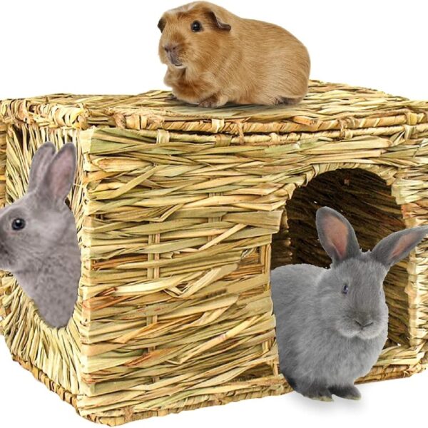 Extra Large Grass House for Rabbit, Foldable & Comfortable - Small Animal Hut Play Hideaway Bed Hay Mat Chew Toy for Bunny Guinea Pig Hamster Chinchilla