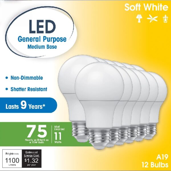 A19 LED Light Bulbs, 75 Watts Eqv, Soft White, General Purpose, 9yr, Medium Base, 12 pack