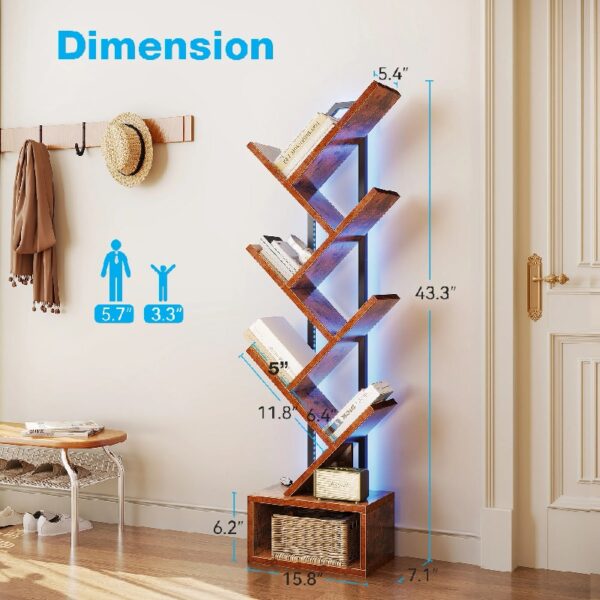 6 Tier Tree Bookshelf, Bookcase with LED Lights, Display Floor Standing Storage Shelf, Book Organizer Shelves for Home Office, Living Room, Vintage