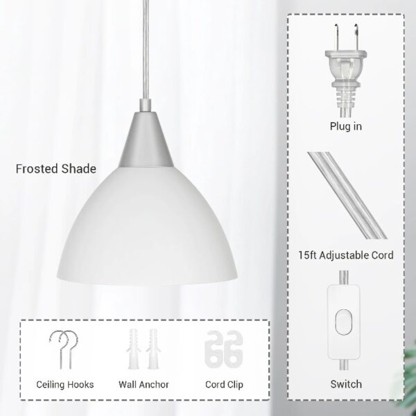 Plug in Pendant Light, Hanging Light with 15Ft Clear Cord, On/Off Switch, Frosted Plastic White Shade, Hanging Ceiling Light for Living Room, Bedroom, Dining Hall, Pack of 2