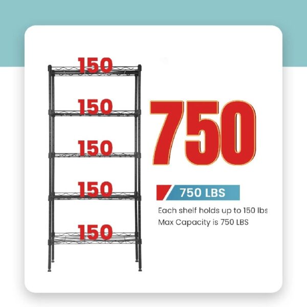 Adjustable Storage Shelves Metal Storage Shelf(Black, 21.5L x 11.6W x 47.6H) 750 pounds