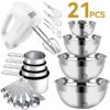 Electric Hand Mixer Mixing Bowls Set, Upgrade 5-Speeds Mixers with Silver Nesting Stainless Steel Mixing Bowl, Measuring Cups and Spoons Whisk Blender - Baking Supplies for Cooking