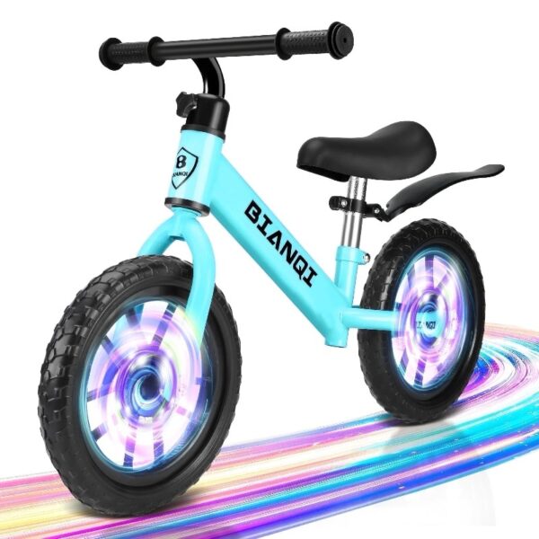 Kid Balance Bike, 12'' Toddlers Training Bicycle for 2-5 Years Old Boys Girls, Lightweight with Lighting up Wheels, Bule
