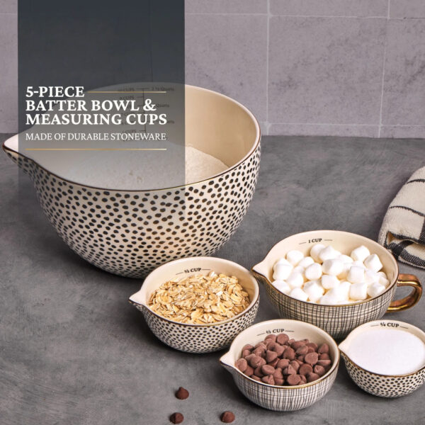 5-Piece Ceramic Mixing Bowl and Measuring Bowl Set, Dot Pattern