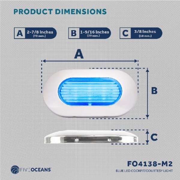 Oblong LED Courtesy Light, Boat Accent Lights, Marine Light for Boat Interior, Deck, Cockpit, Blue LED, IP67 Waterproof, 12V, for Pontoon, Fishing Boat, Yacht, RVs - 2-Pack- FO4138-M2