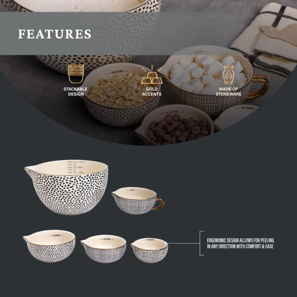 5-Piece Ceramic Mixing Bowl and Measuring Bowl Set, Dot Pattern