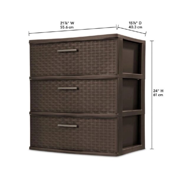 Storage Drawer, 3 Drawer Plastic Weave Wide Tower with Pull Handles, Brown